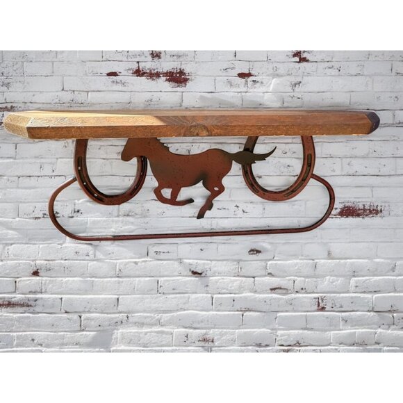 Rustic Western Horse Wall Shelf and Towel Bar With Horseshoe Design - Picture 1 of 7